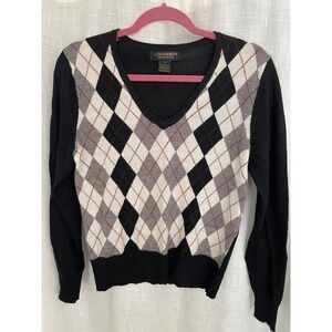 A. Giannetti Merino Wool Argyle Sweater V Neck Black Gray Red Women's Medium EUC